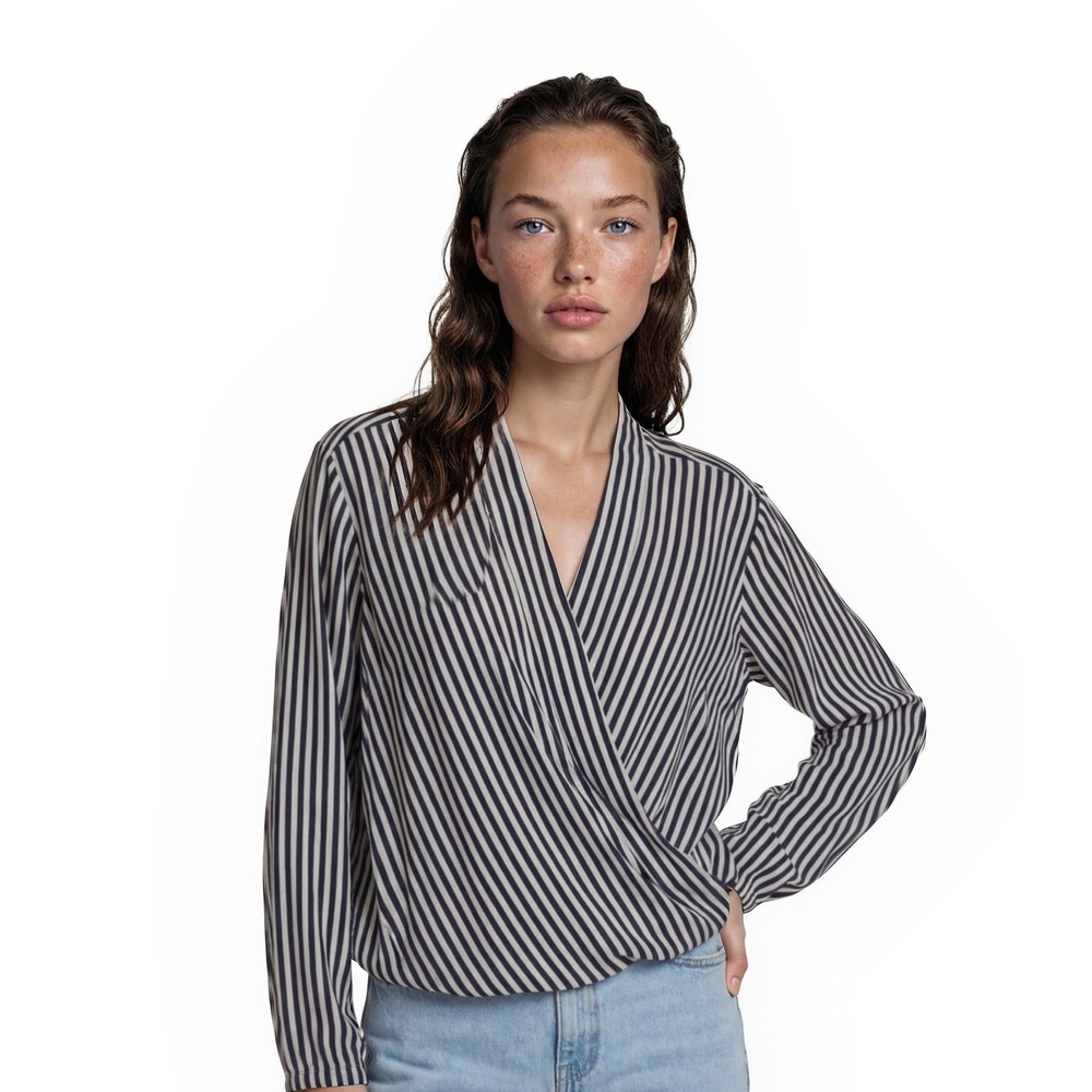Michael Kors Wrap Blouse Women's Size Small Navy‎ White Striped V Neck